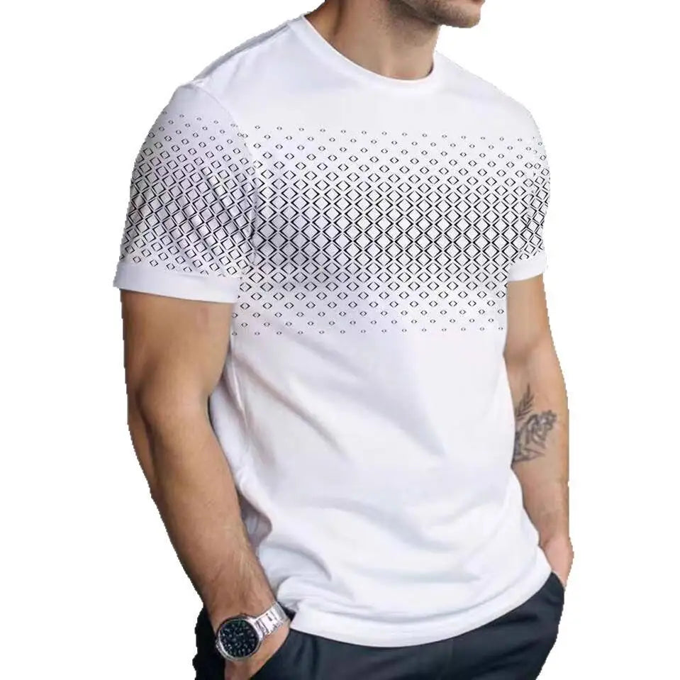 Men's Summer Thin Short Sleeve T-Shirt round Neck Print Polyester Fiber Square Pattern Men's Fashion Independent Station