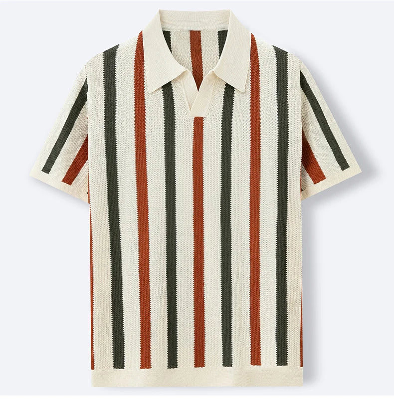 New American Chic Hollow Out Male Polo Shirts Trendy Striped Knitted V Neck Short Sleeve T-shirt High Street Breathable Knitwear