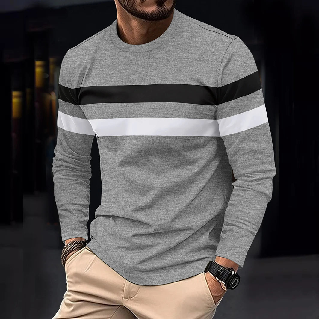 Spring Autumn Men's Color Matching Casual Fashion Sports Gym Beach Holiday Round Neck Long Sleeve O-neck T-Shirt Male Clothing