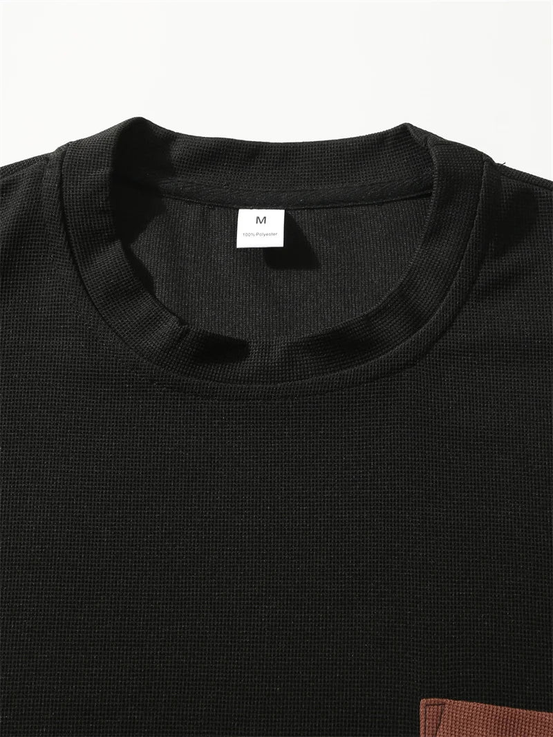 summer Casual breathable Men Tops Patchwork pocket sports pullover Textured Male Loose round collar short sleeve men T-shirts