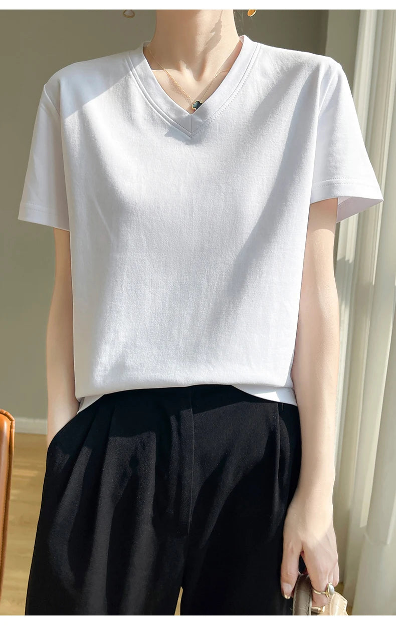 Summer V-neck 100% Cotton Short-Sleeved T-Shirt Women's Loose Mercerized Cotton Half-Sleeve Bottoming Shirt White High-end Top