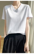 Summer V-neck 100% Cotton Short-Sleeved T-Shirt Women's Loose Mercerized Cotton Half-Sleeve Bottoming Shirt White High-end Top