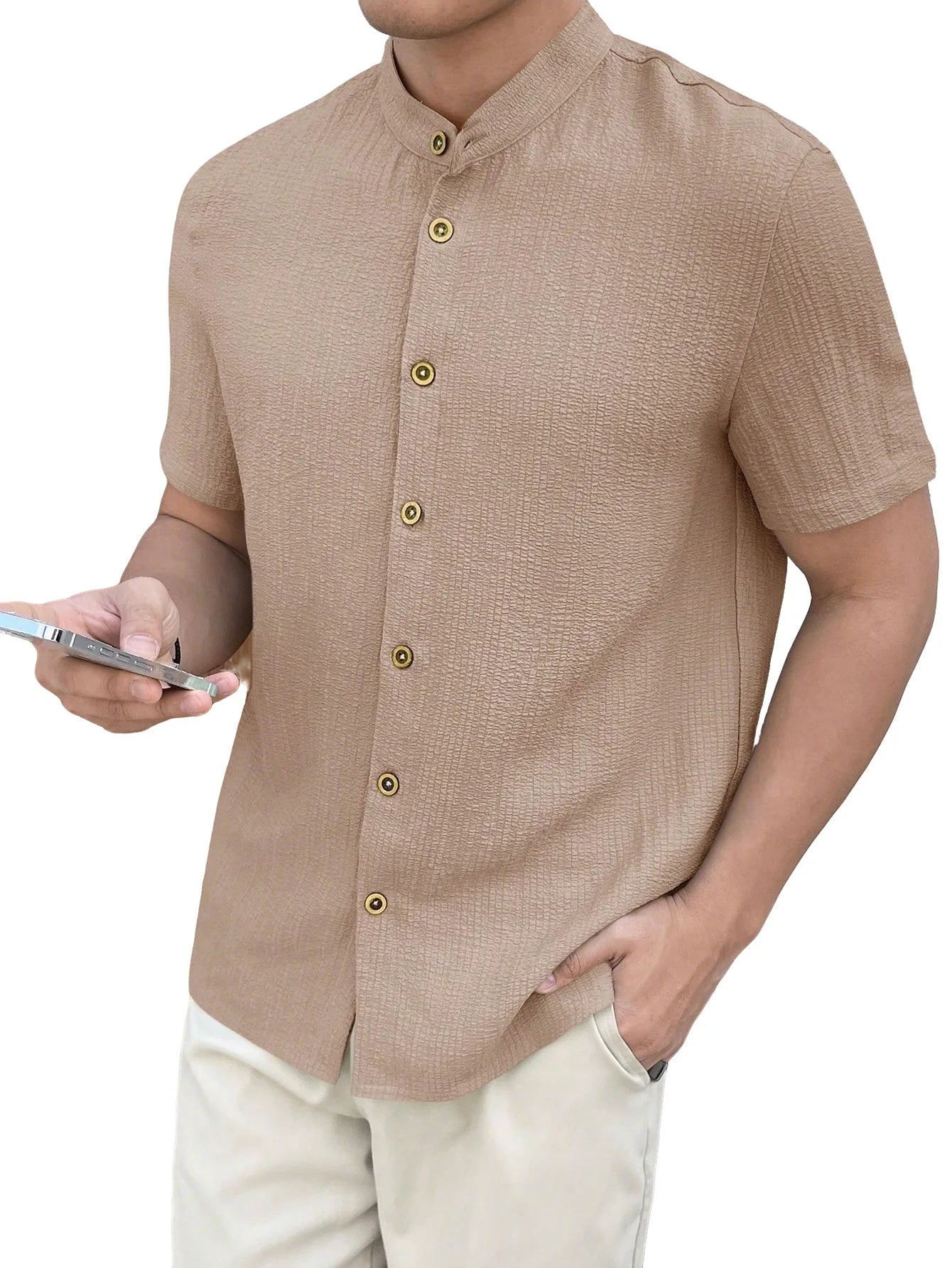 Casual Summer Shirt Men's Stand Collar Short Sleeve Light Maturity Leisure T-Shirt Open Cardigan Polyester Quick Dry Anti-Def...