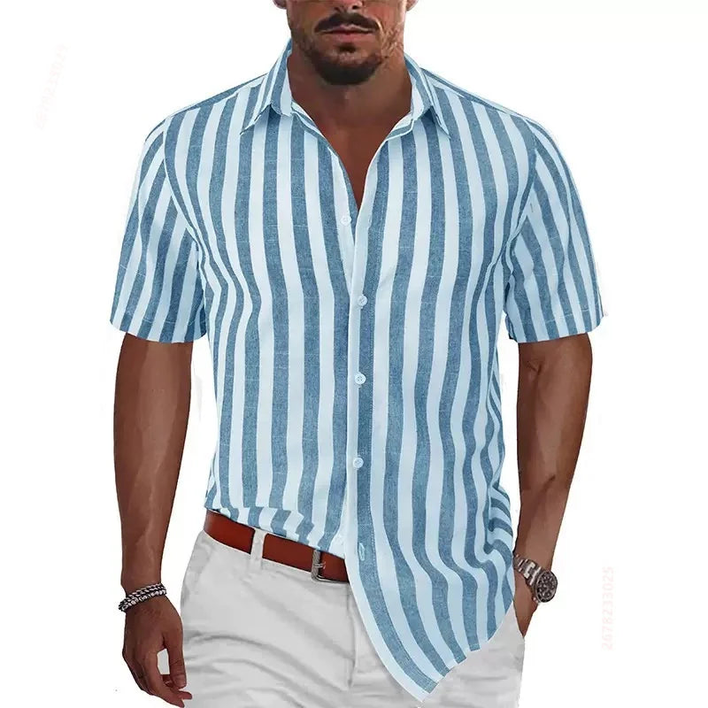 2026 Summer New Men's Striped Short-Sleeve Shirt, Multiple Colors Available, Outdoor Streetwear Casual Fashion Men's Top, XS-6XL
