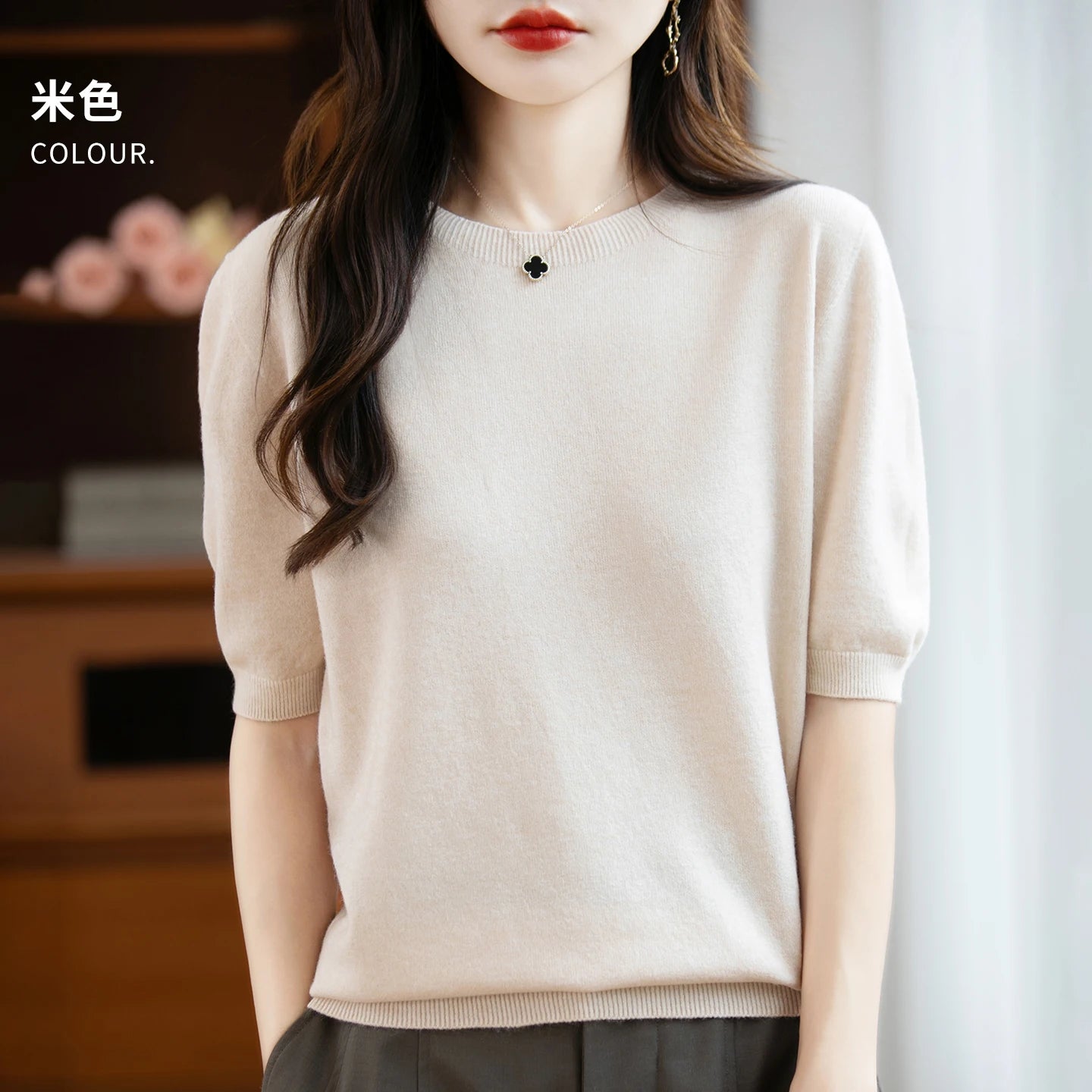 Fall/winter women's O-neck basic warm casual pullover fashion short sleeve 100% wool 22-color knitted sweater.