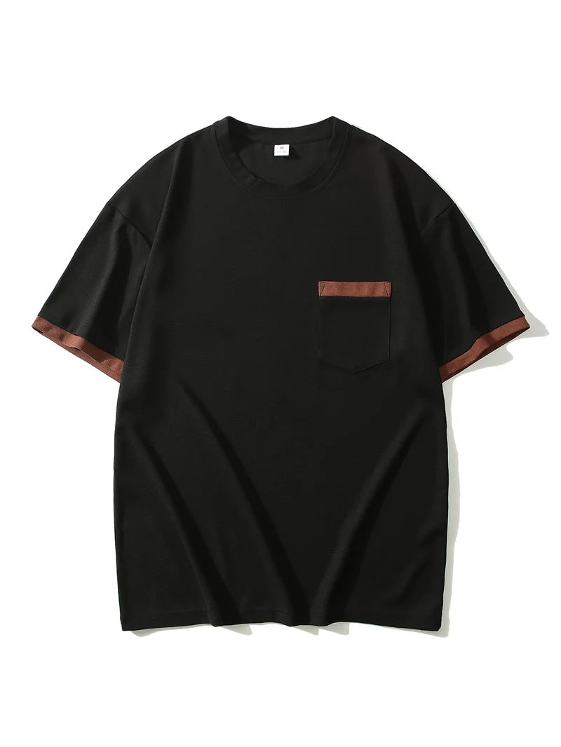 summer Casual breathable Men Tops Patchwork pocket sports pullover Textured Male Loose round collar short sleeve men T-shirts
