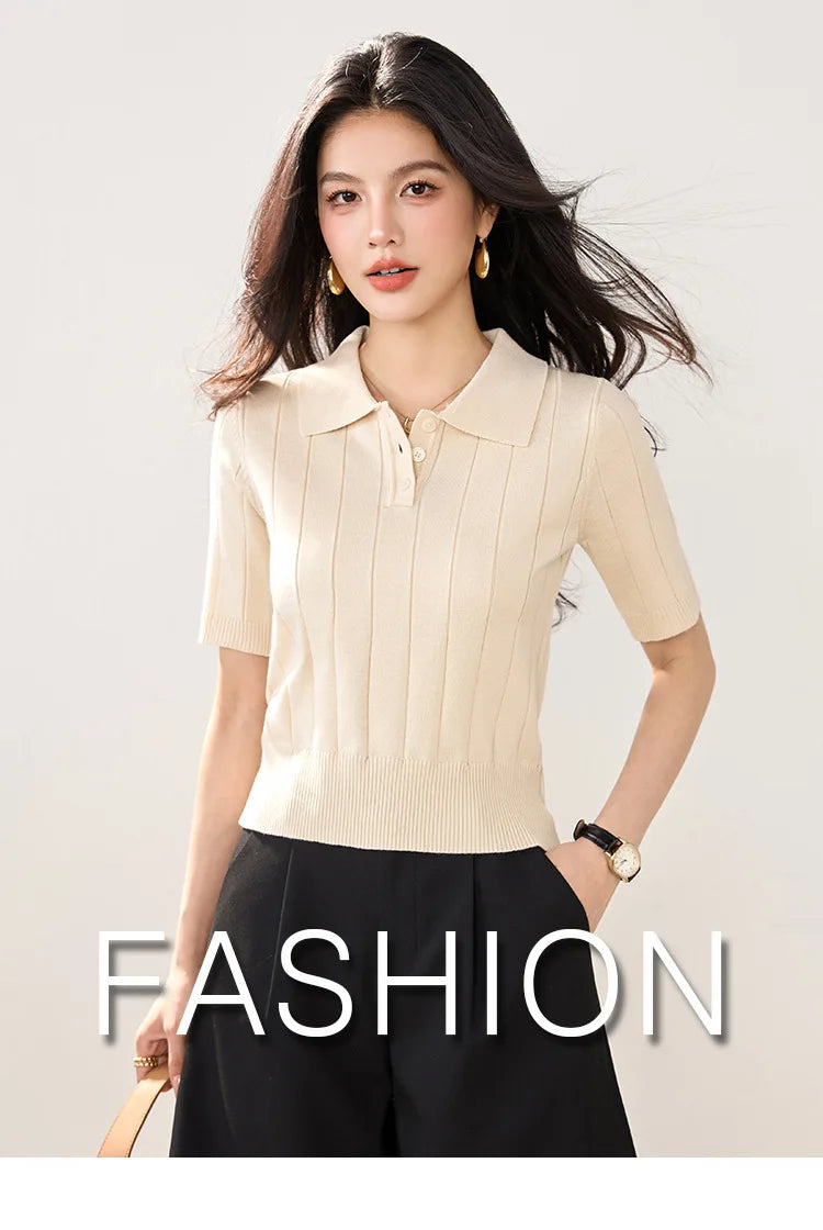 Plus Size Pure Color Polo Shirt Knitted Short Sleeve Ice Silk Short Style Slimming Collar T-Shirt Women Summer Korean Version...