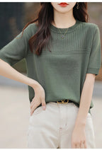 Women Sweater Short Sleeve Spring Summer O-neck Bottoming Shirts Casual Korean Knitted Pullovers Solid Loose Hollow Out Jumpers