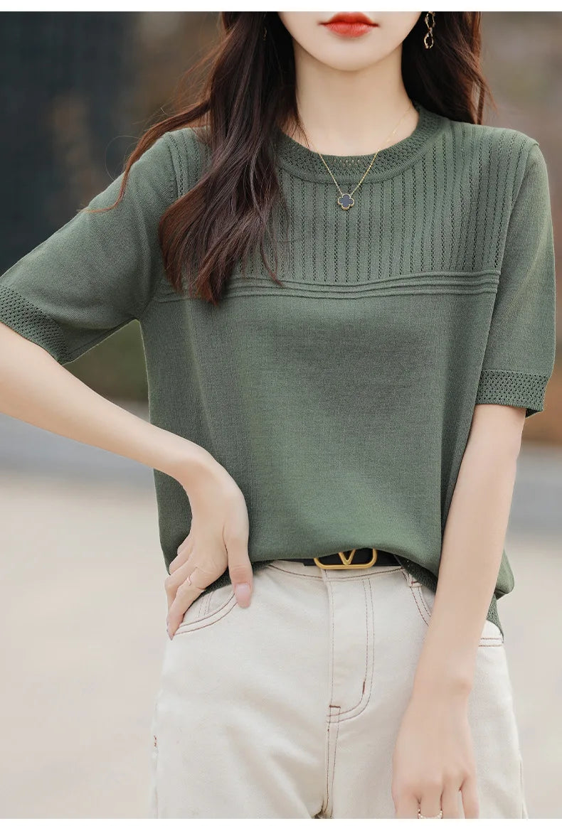 Women Sweater Short Sleeve Spring Summer O-neck Bottoming Shirts Casual Korean Knitted Pullovers Solid Loose Hollow Out Jumpers