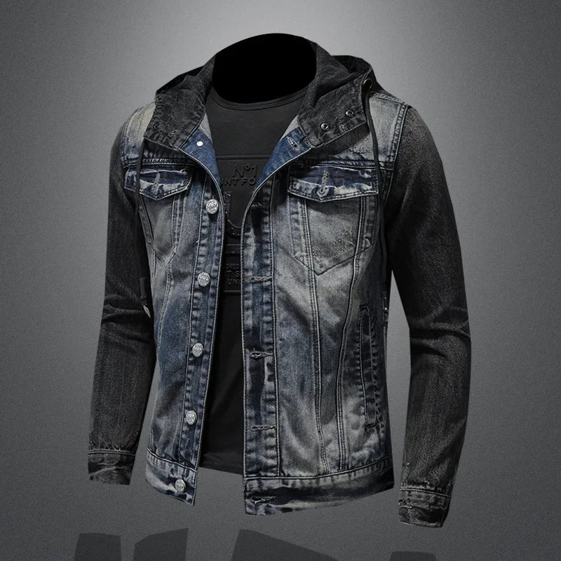 Men Spliced Hooded Washed Denim Jacket Long Sleeve Cardigan Single Breasted Outerwear Loose Coats Pockets High Street Button