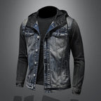 Men Spliced Hooded Washed Denim Jacket Long Sleeve Cardigan Single Breasted Outerwear Loose Coats Pockets High Street Button