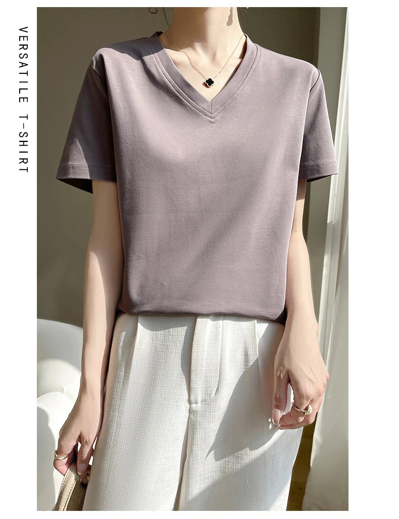 Summer V-neck 100% Cotton Short-Sleeved T-Shirt Women's Loose Mercerized Cotton Half-Sleeve Bottoming Shirt White High-end Top