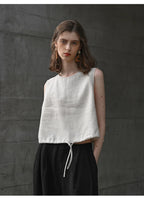 100% Linen Tank Top Women 2026 Summer Breathable Short Tops Sleeveless Casual Loose Cotton Linen Drawstring Crop Tops
