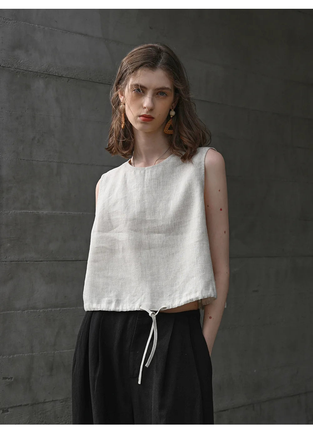 100% Linen Tank Top Women 2026 Summer Breathable Short Tops Sleeveless Casual Loose Cotton Linen Drawstring Crop Tops