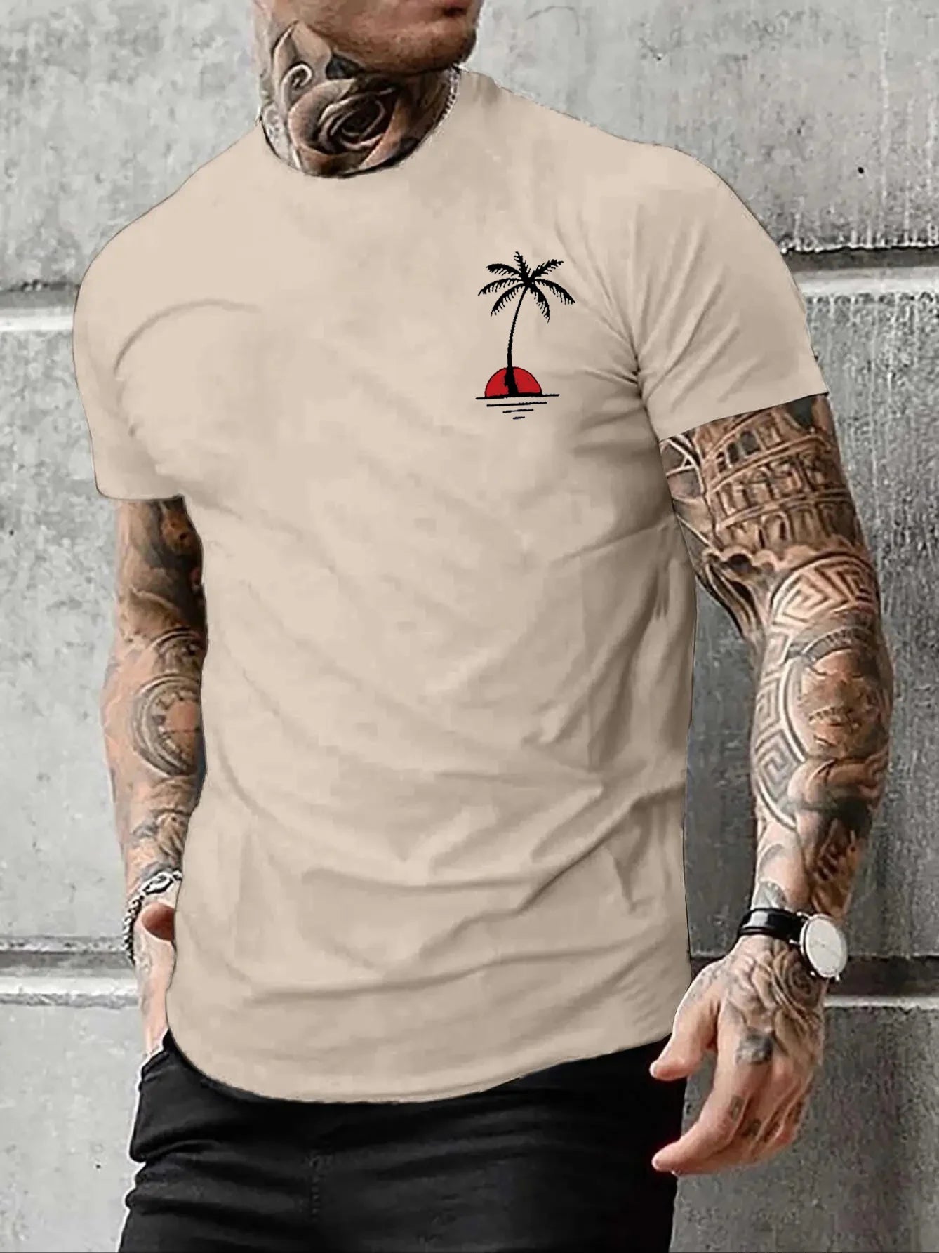 Men's Summer Casual Loose Size 100% Cotton Coconut trees Print Round Neck Short Sleeve T-shirt Top
