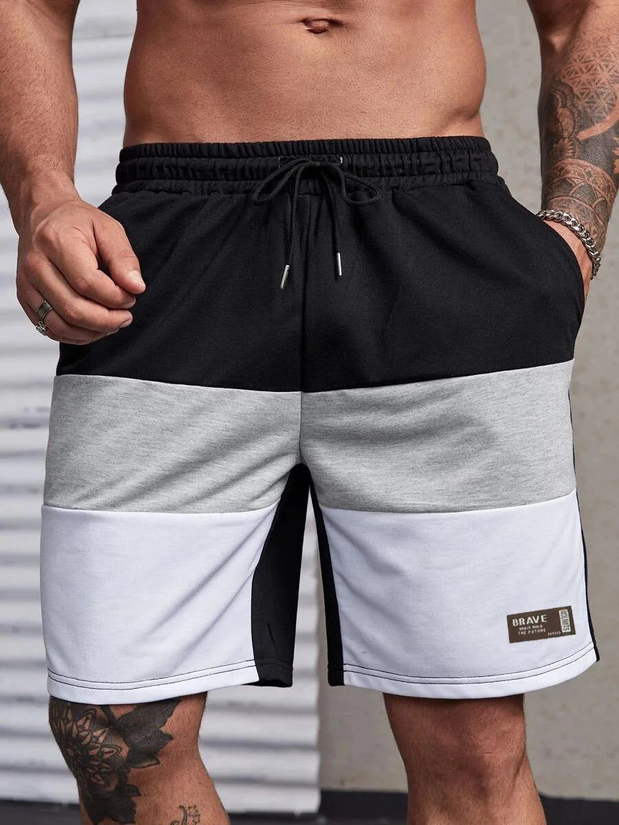 Men's Casual Color Block Short Pants American Loose Straight Leg Five-Quarter Length Summer New Sporty Trendy Polyester Fiber