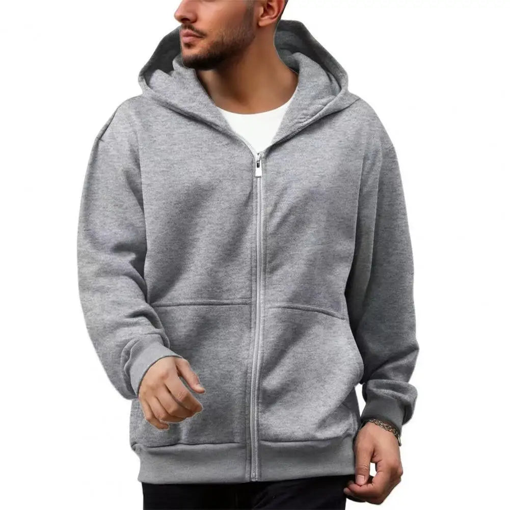 Men Backpack Sweatshirt Coat Long Sleeve Zipper Closure Hoodie with Schoolbag Design Solid Color Loose Fit Outerwear