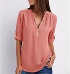 2025 Hot Sale Women Cool Loose Shirt Deep V Neck Chiffon Fashion Blouse Casual Ladies Tops Sexy Zipper Pullover Plus Size