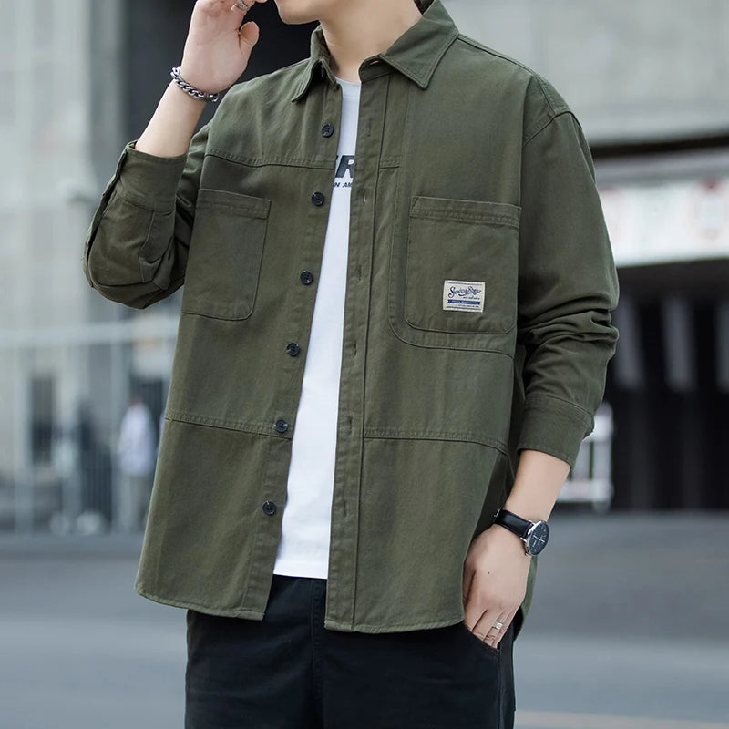 Men's Pure Cotton Long Sleeve Shirt Vintage Workwear Simple Style Autumn Winter New Arrival Casual Versatile Top Youth Fashion
