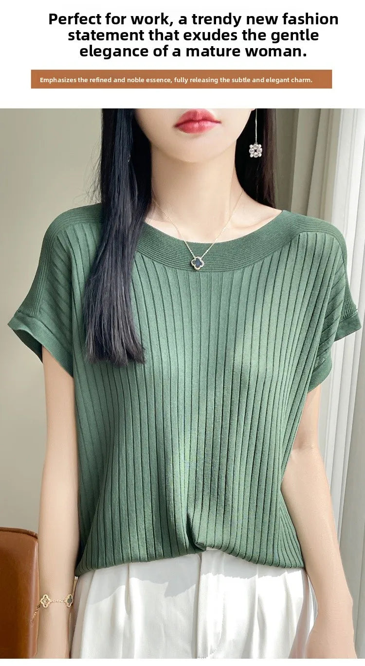Summer Thin Ice Silk Knitted Loose T-Shirt Women's Short Sleeve Versatile Top Breathable Cool Feeling Pure Color Basic Fit