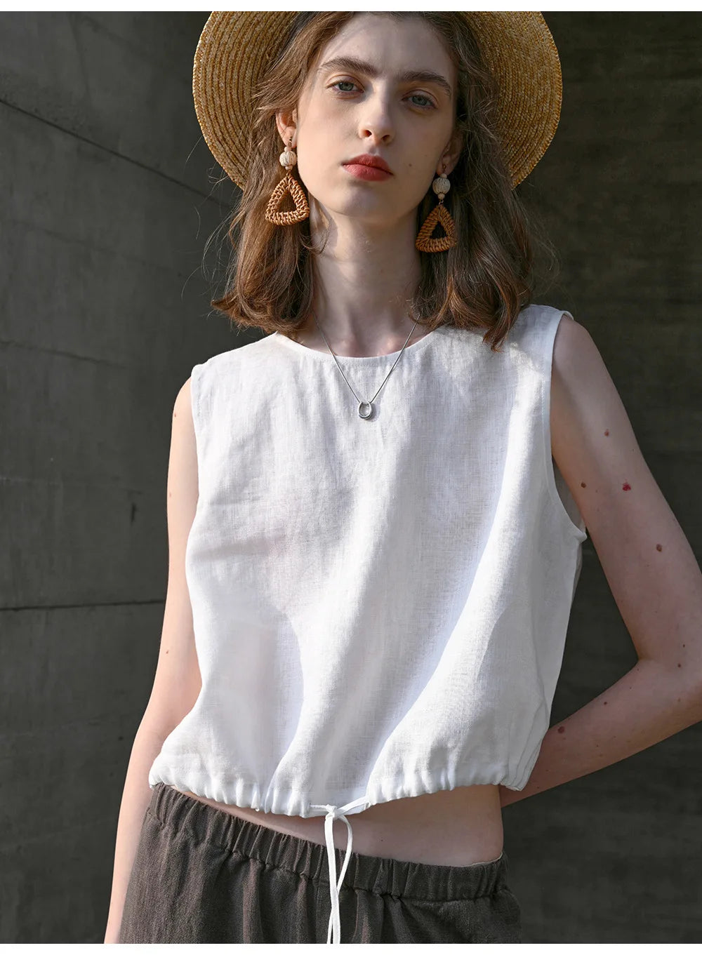 100% Linen Tank Top Women 2026 Summer Breathable Short Tops Sleeveless Casual Loose Cotton Linen Drawstring Crop Tops