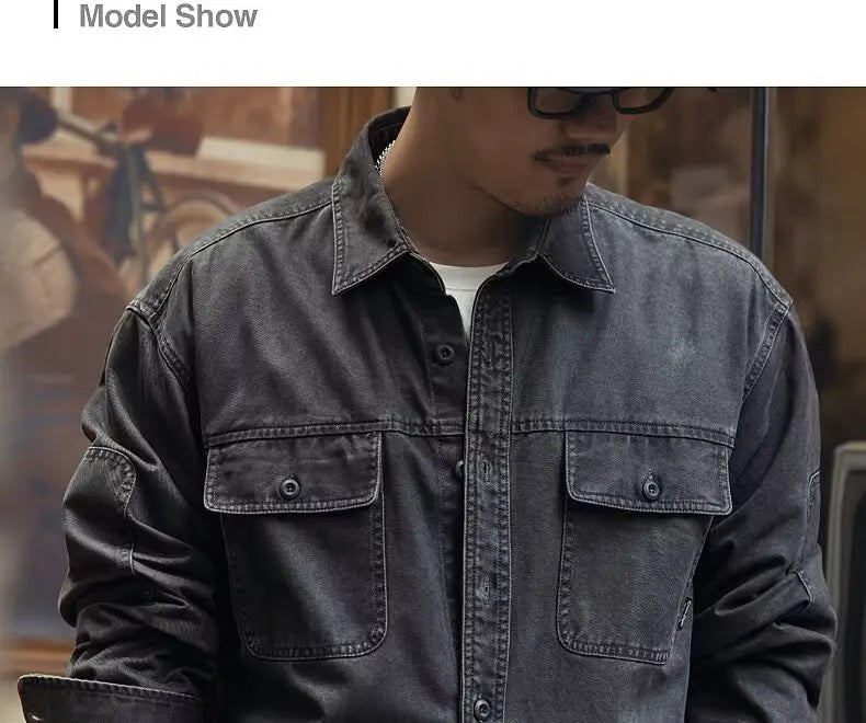 Retro American Workwear Long Sleeve Men's Denim Shirt Jacket Autumn Loose Hunting Style Casual Fashion Outerwear Coat