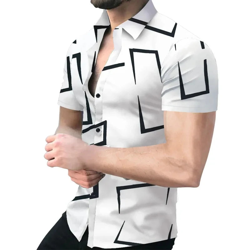 New Men's Shirts Fashion Stripes Print Short-sleeved Tees Summer Tops Men Turn-down Collar Button Casual T-shirt Clothing
