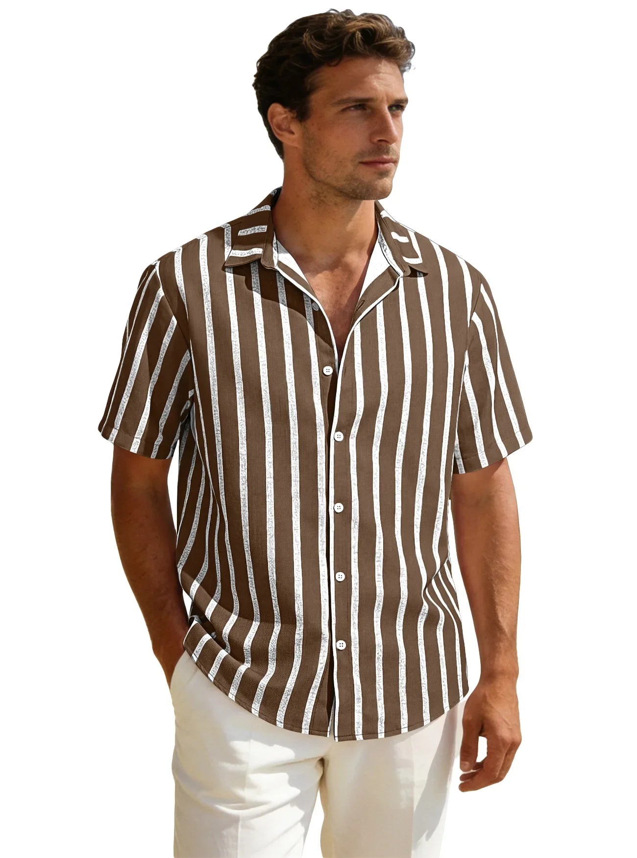 Summer new men's striped short sleeved shirt, men's casual versatile loose short sleeved shirt