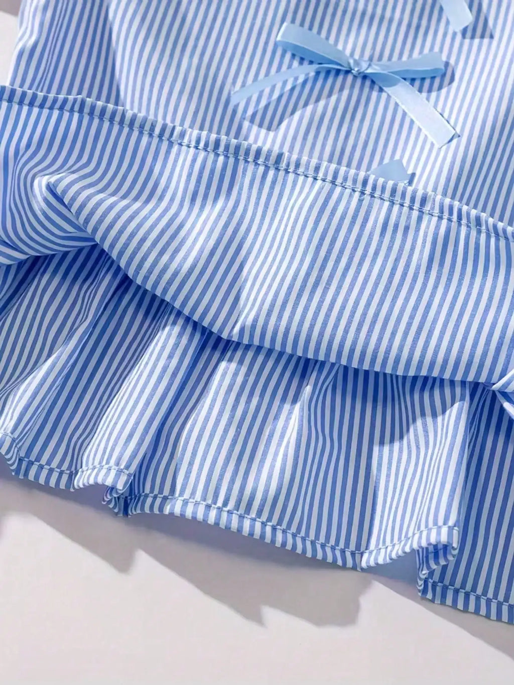 Fashion girl pink and white striped round neck lace up bow ruffle edge+pink striped side butterfly shorts two-piece set