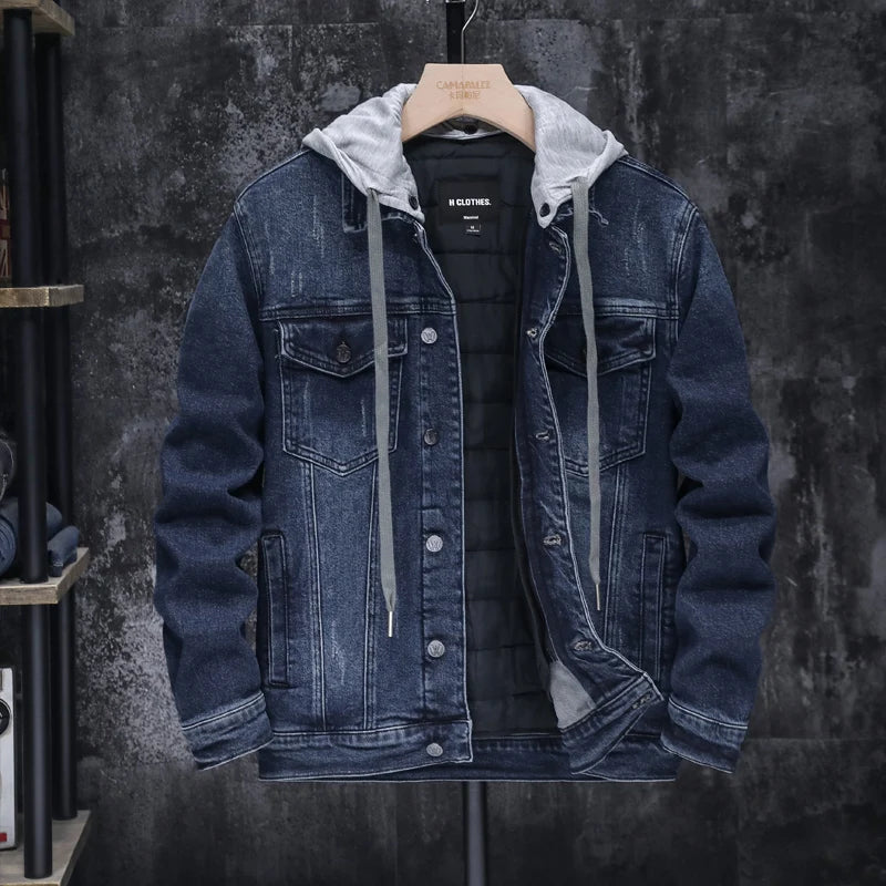 Spring 2023 Men's Loose Fit Thickened Fleece Lined Detachable Hooded Denim Jacket Youth Fashion Winter Outerwear Casual Jeans...