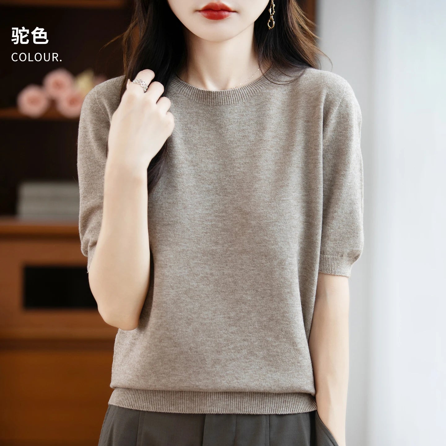 Fall/winter women's O-neck basic warm casual pullover fashion short sleeve 100% wool 22-color knitted sweater.