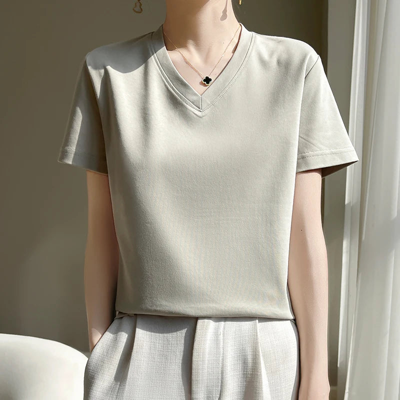 Summer V-neck 100% Cotton Short-Sleeved T-Shirt Women's Loose Mercerized Cotton Half-Sleeve Bottoming Shirt White High-end Top