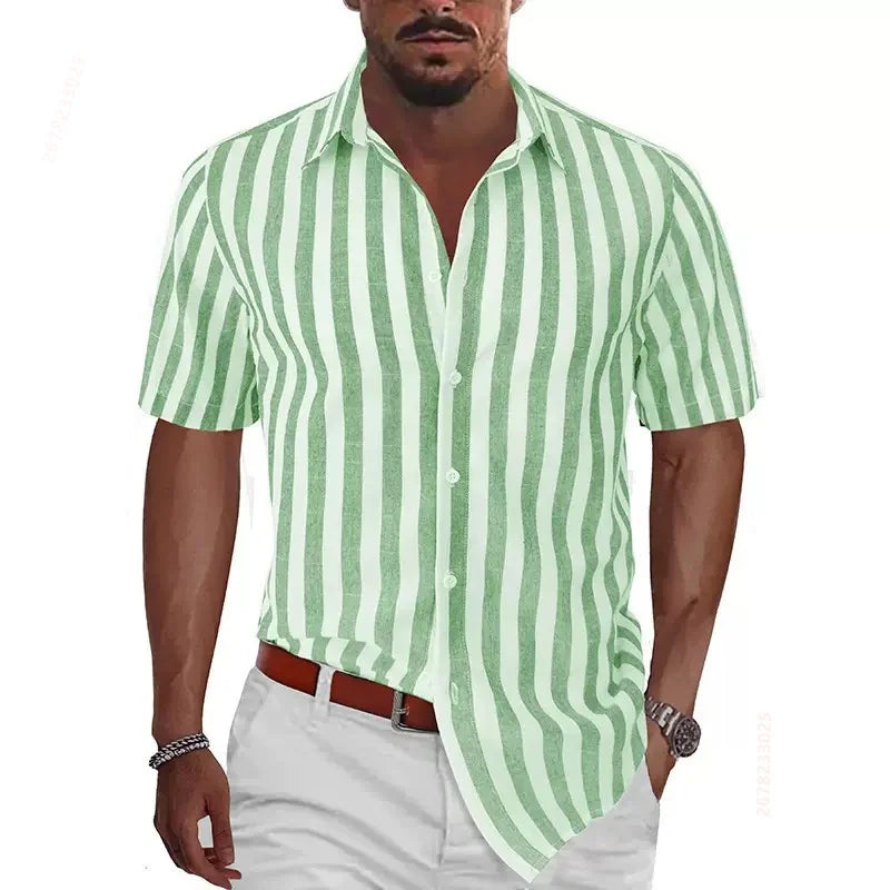 2026 Summer New Men's Striped Short-Sleeve Shirt, Multiple Colors Available, Outdoor Streetwear Casual Fashion Men's Top, XS-6XL