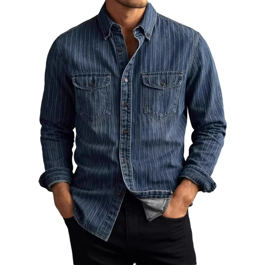 Retro Denim Striped Shirt Men's Casual Slim Fit Spring Fashion Outerwear Lightweight Long Sleeve Polyester Fiber Urban Style