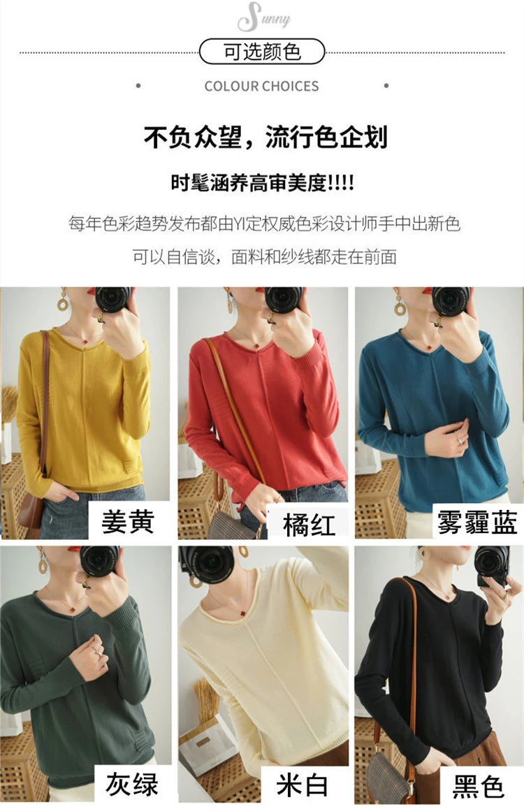 2023 Autumn/Winter Women's New Pullover Casual Solid 100% Cotton Knitted V-Neck Loose Sweater Fashion Soft Breathable Top