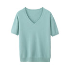Women's 100% pure mink cashmere V-neck sweater T-shirt solid color knitted fashionable versatile short sleeved pullover sweater