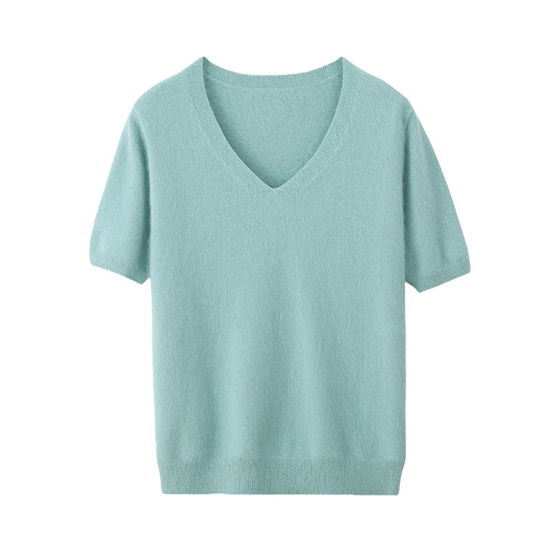 Women's 100% pure mink cashmere V-neck sweater T-shirt solid color knitted fashionable versatile short sleeved pullover sweater