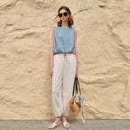 100% Linen Tank Top Women 2026 Summer Breathable Short Tops Sleeveless Casual Loose Cotton Linen Drawstring Crop Tops
