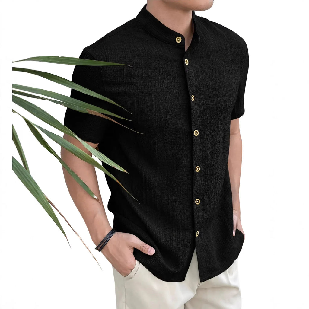 Casual Summer Shirt Men's Stand Collar Short Sleeve Light Maturity Leisure T-Shirt Open Cardigan Polyester Quick Dry Anti-Def...