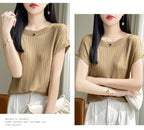 Summer Thin Ice Silk Knitted Loose T-Shirt Women's Short Sleeve Versatile Top Breathable Cool Feeling Pure Color Basic Fit