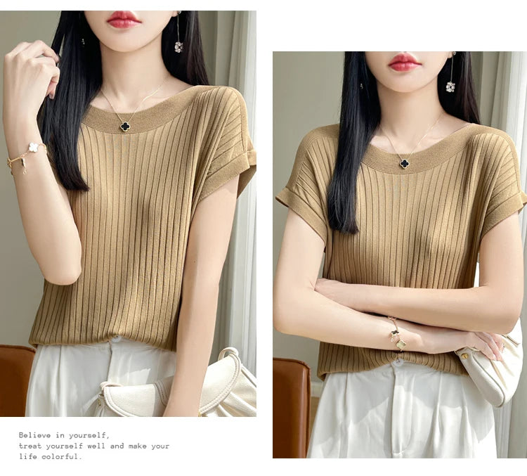 Summer Thin Ice Silk Knitted Loose T-Shirt Women's Short Sleeve Versatile Top Breathable Cool Feeling Pure Color Basic Fit