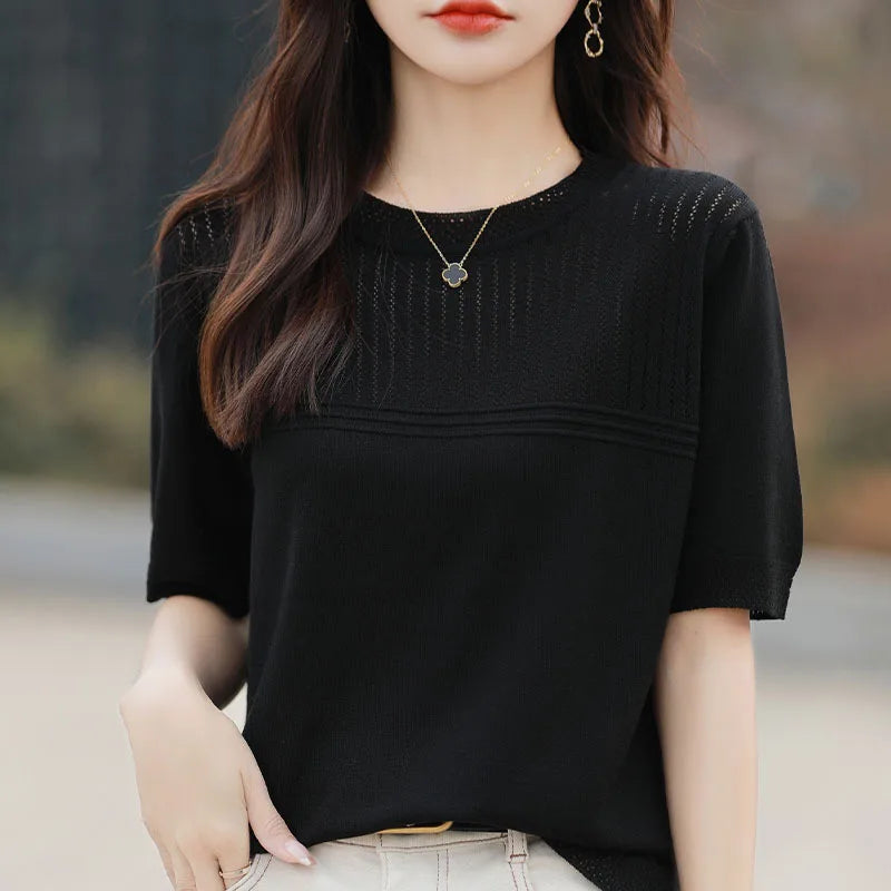 Women Sweater Short Sleeve Spring Summer O-neck Bottoming Shirts Casual Korean Knitted Pullovers Solid Loose Hollow Out Jumpers
