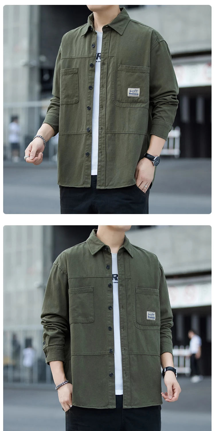 Men's Pure Cotton Long Sleeve Shirt Vintage Workwear Simple Style Autumn Winter New Arrival Casual Versatile Top Youth Fashion
