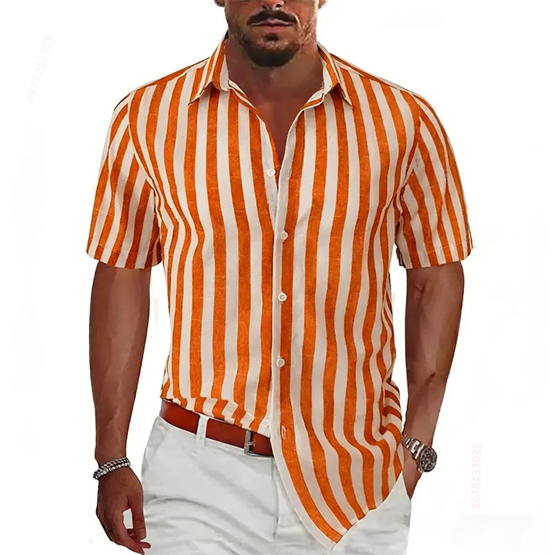 2026 Summer New Men's Striped Short-Sleeve Shirt, Multiple Colors Available, Outdoor Streetwear Casual Fashion Men's Top, XS-6XL