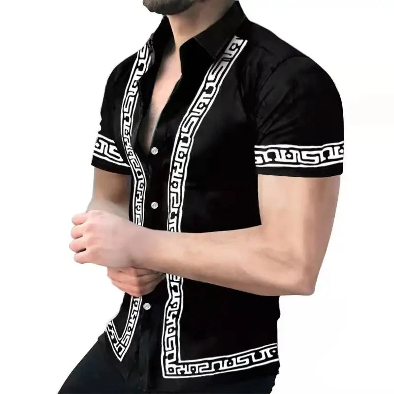 New Men's Shirts Fashion Stripes Print Short-sleeved Tees Summer Tops Men Turn-down Collar Button Casual T-shirt Clothing
