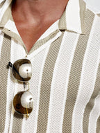 Vacation Casual Mens Knitted Shirts Short Sleeve Button-up Lapel Knit Shirt 2026 Spring Summer Stylish Patchwork Striped Shirts