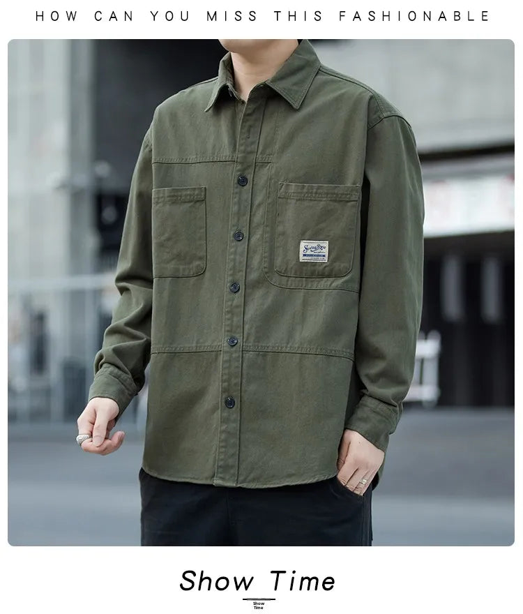 Men's Pure Cotton Long Sleeve Shirt Vintage Workwear Simple Style Autumn Winter New Arrival Casual Versatile Top Youth Fashion