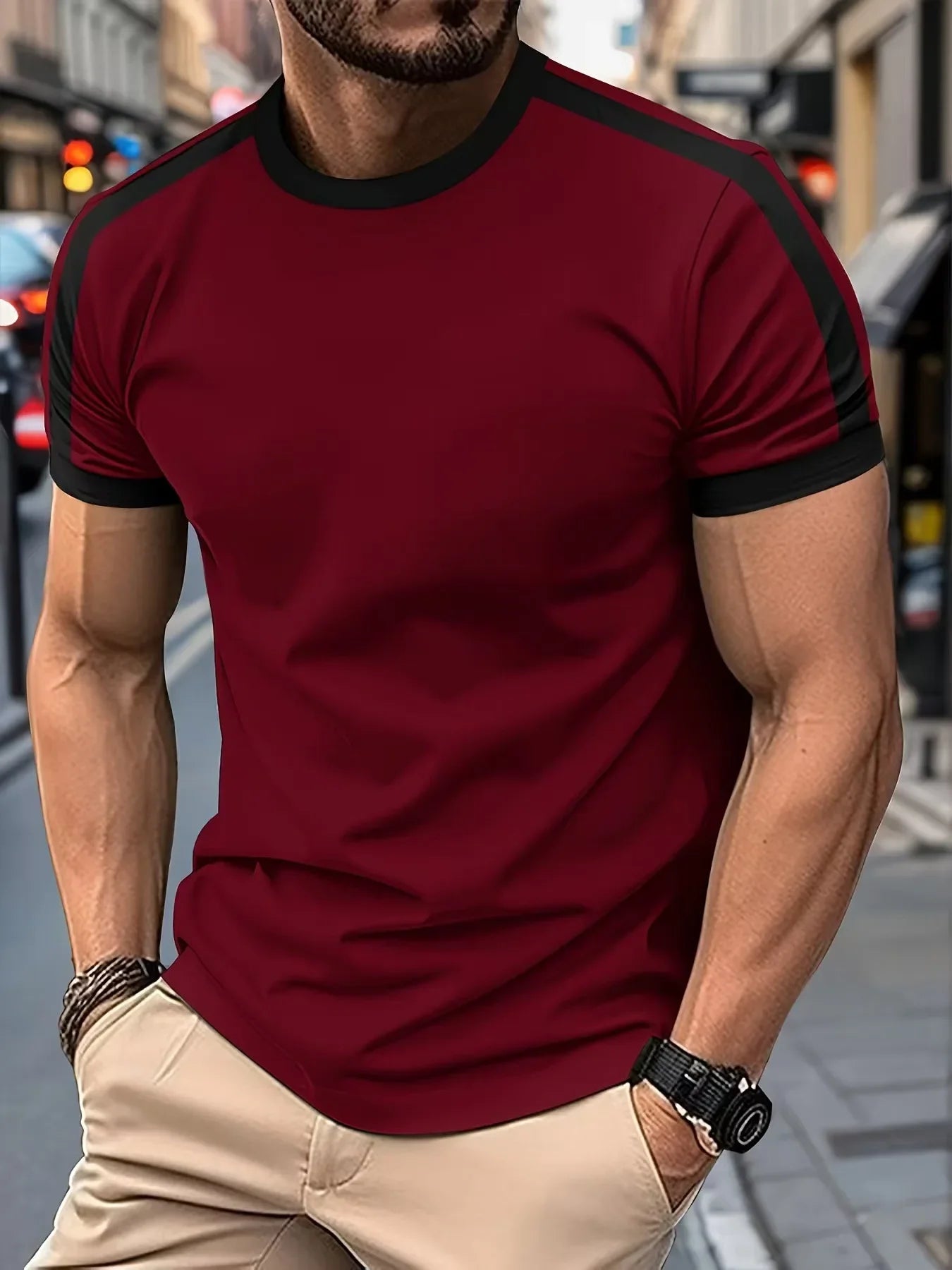 Men's Casual Short-Sleeved European and American Sports Fitness Contrasting Color Men's T-Shirt