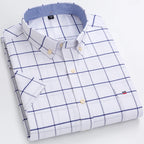 Men's Oxford Short Sleeve Square Collar Soild Plaid Striped Summer Casual Shirts Single Pocket Comfortable Cotton Shirt