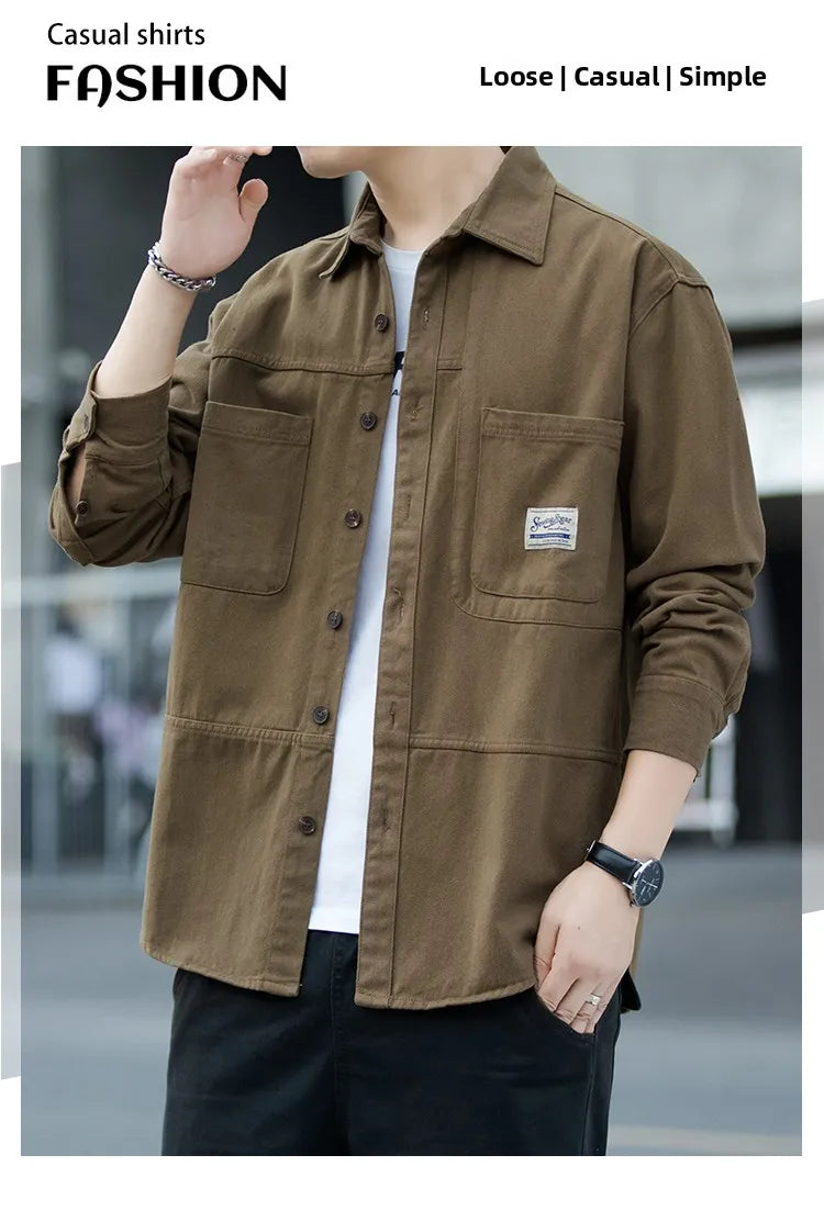 Men's Pure Cotton Long Sleeve Shirt Vintage Workwear Simple Style Autumn Winter New Arrival Casual Versatile Top Youth Fashion